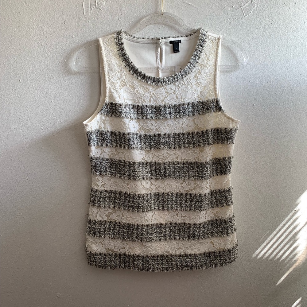 J CREW- Sleeveless lace and tweed top.